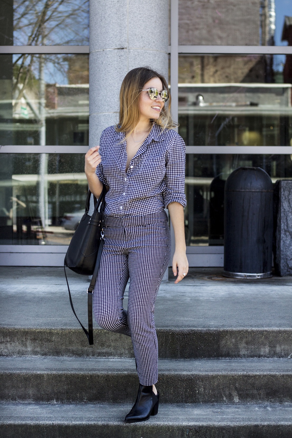 gingham on gingham work outift